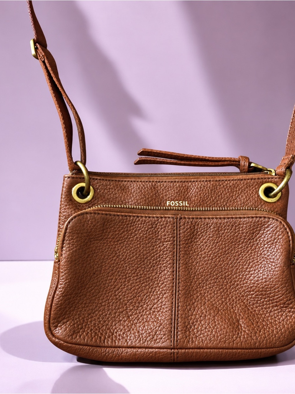 Fossil Tan Pebbled Leather Crossbody Bag with Gold Hardware